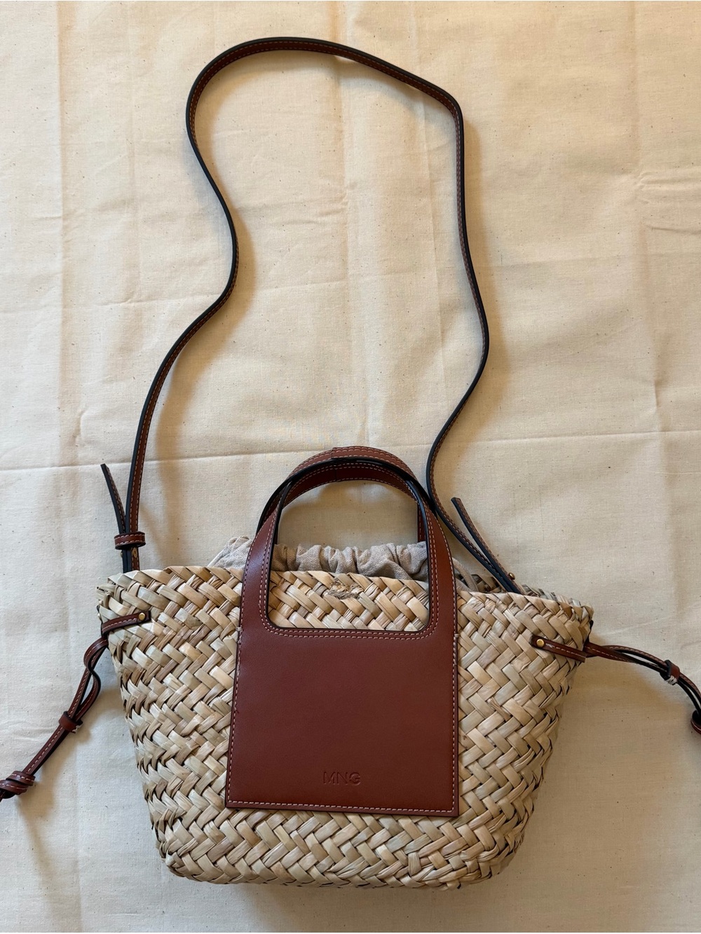 MNG Natural Woven Straw Crossbody with Brown Leather Trim